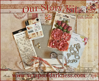 Scraps of Darkness February 2017 scrapbook kit: Our Story, featuring Prima, Blue Fern Studios, and more.