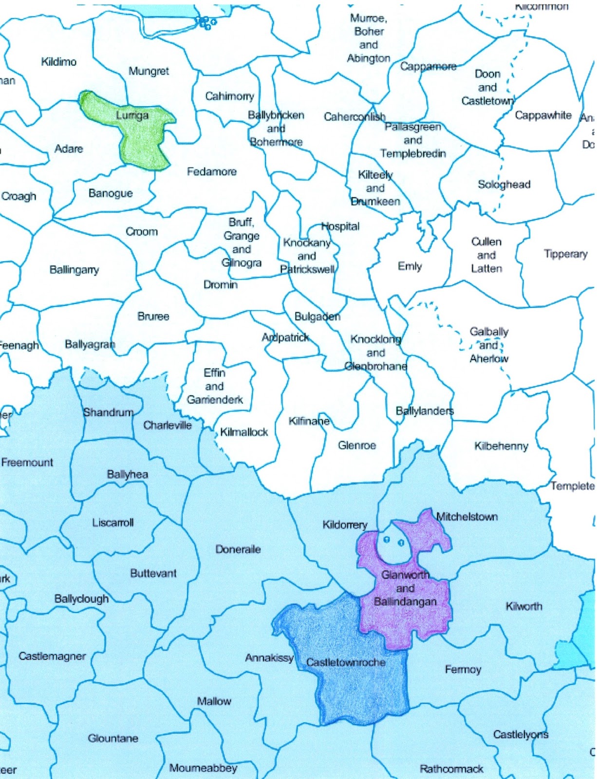 green patrickswell and ballybrown purple glanworth and ballindangan blue castletownroche map from national library ireland click to enlarge green patrickswell and ballybrown purple glanworth and ballindangan blue castletownroche map from national library ireland click to enlarge
