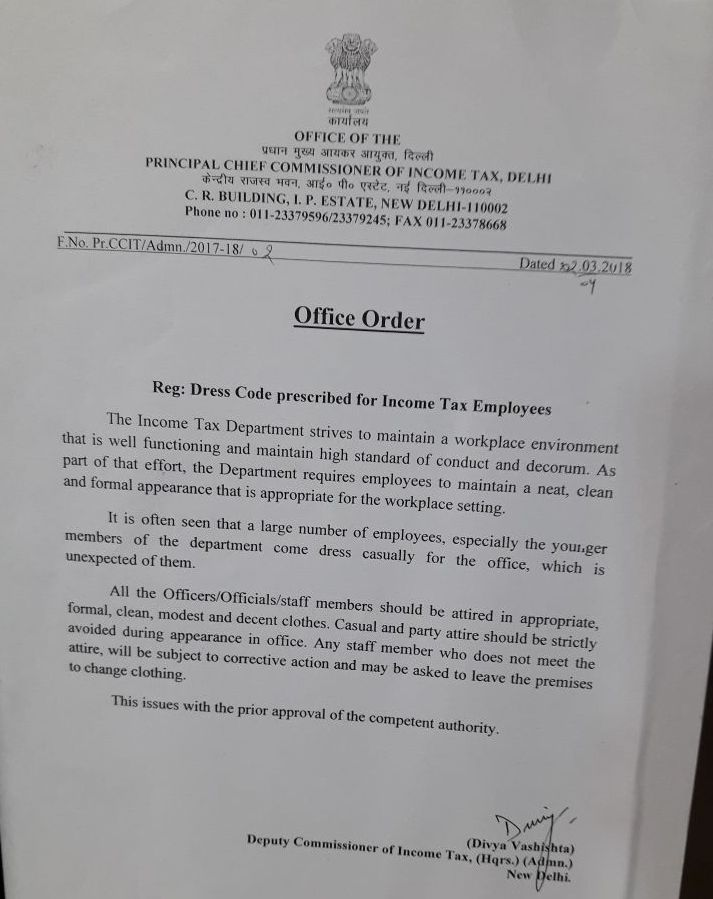Dress Code prescribed for Tax Employees Central Government
