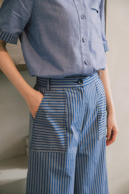 藍河星月長腿直條紋寬寬褲