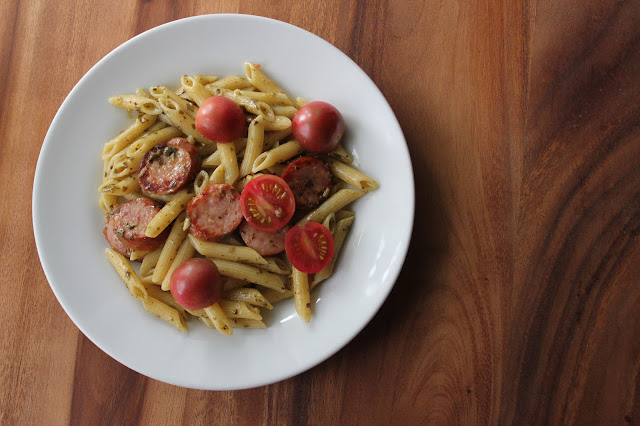 Get dinner on the table in minutes with this easy Pesto Penne with Polska Kielbasa one-pot meal!