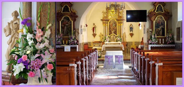 Pastelowa różowo fioletowa dekoracja kościoła na ślub opolskie