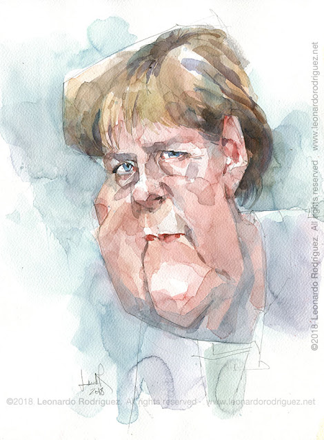Watercolor caricature of Angela Merkel