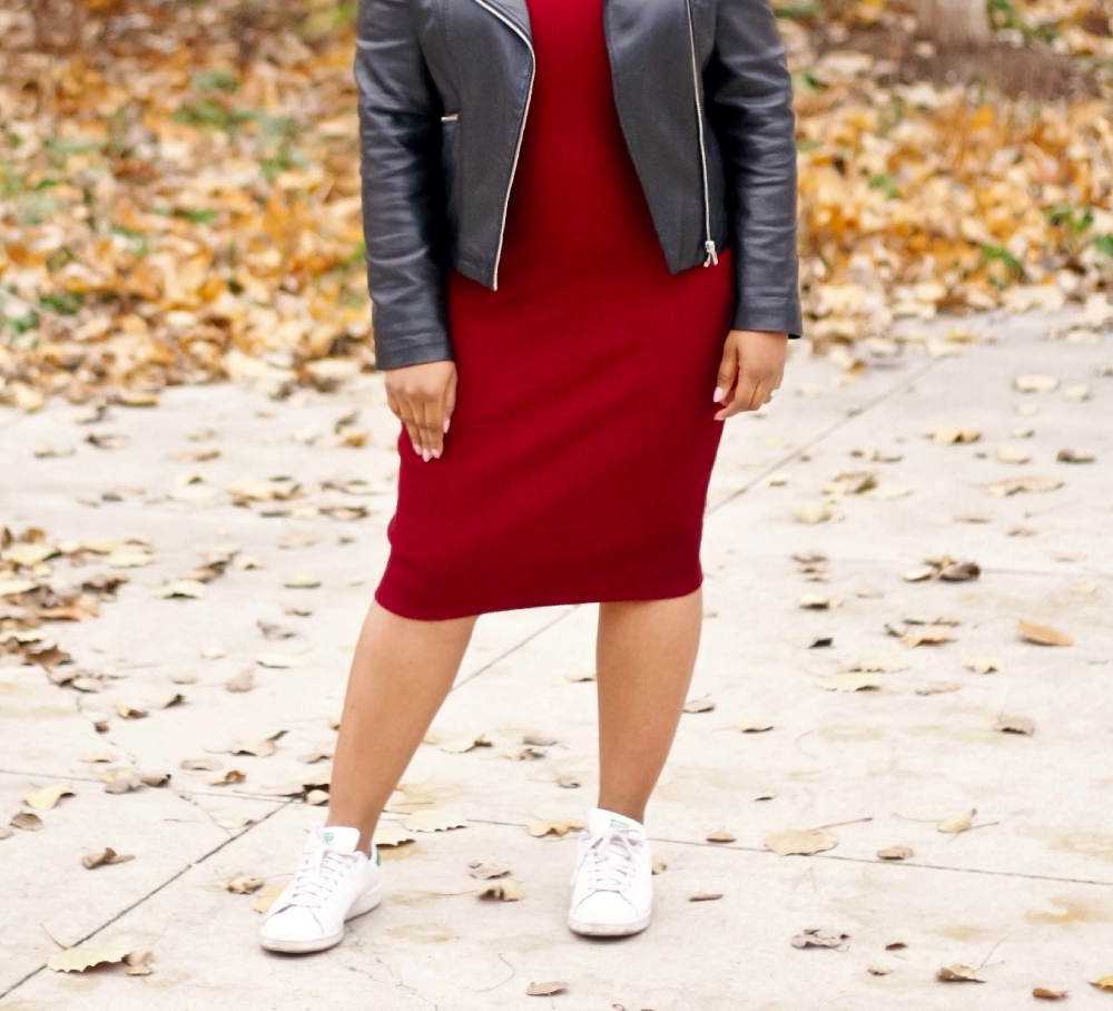 My Voguish Diaries red dress leather jacket