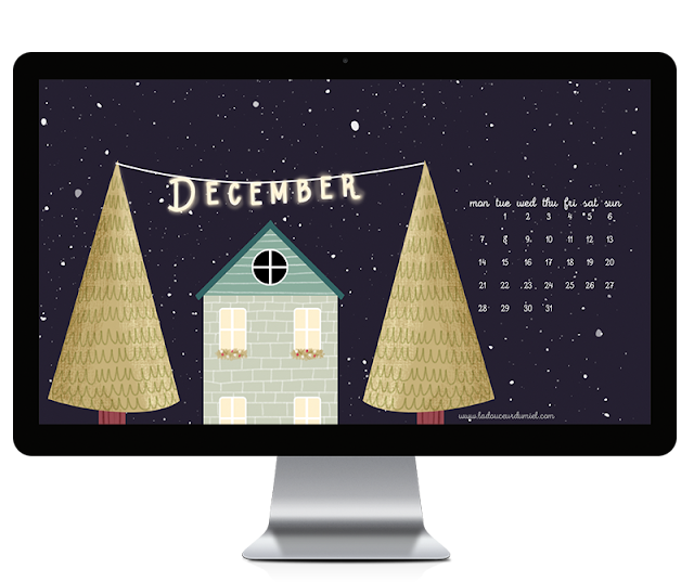 December 2015 illustrated desktop wallpaper free to download, christmas time with a cute house and two trees with lights