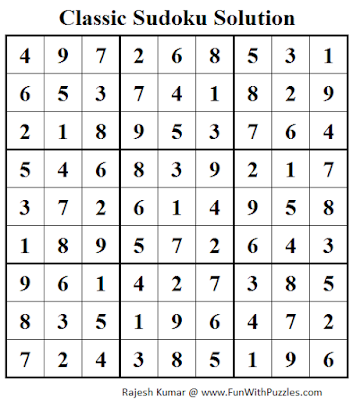 Classic Sudoku (Fun With Sudoku #41) Solution