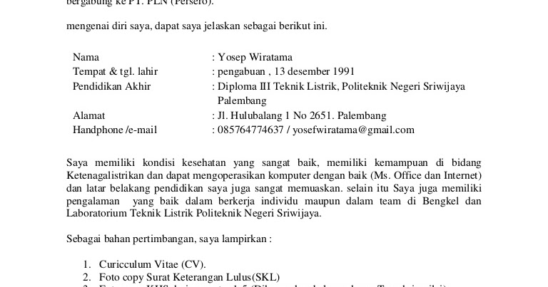 Contoh Surat Lamaran Kerja Pln Bahasa Inggris Contoh Surat