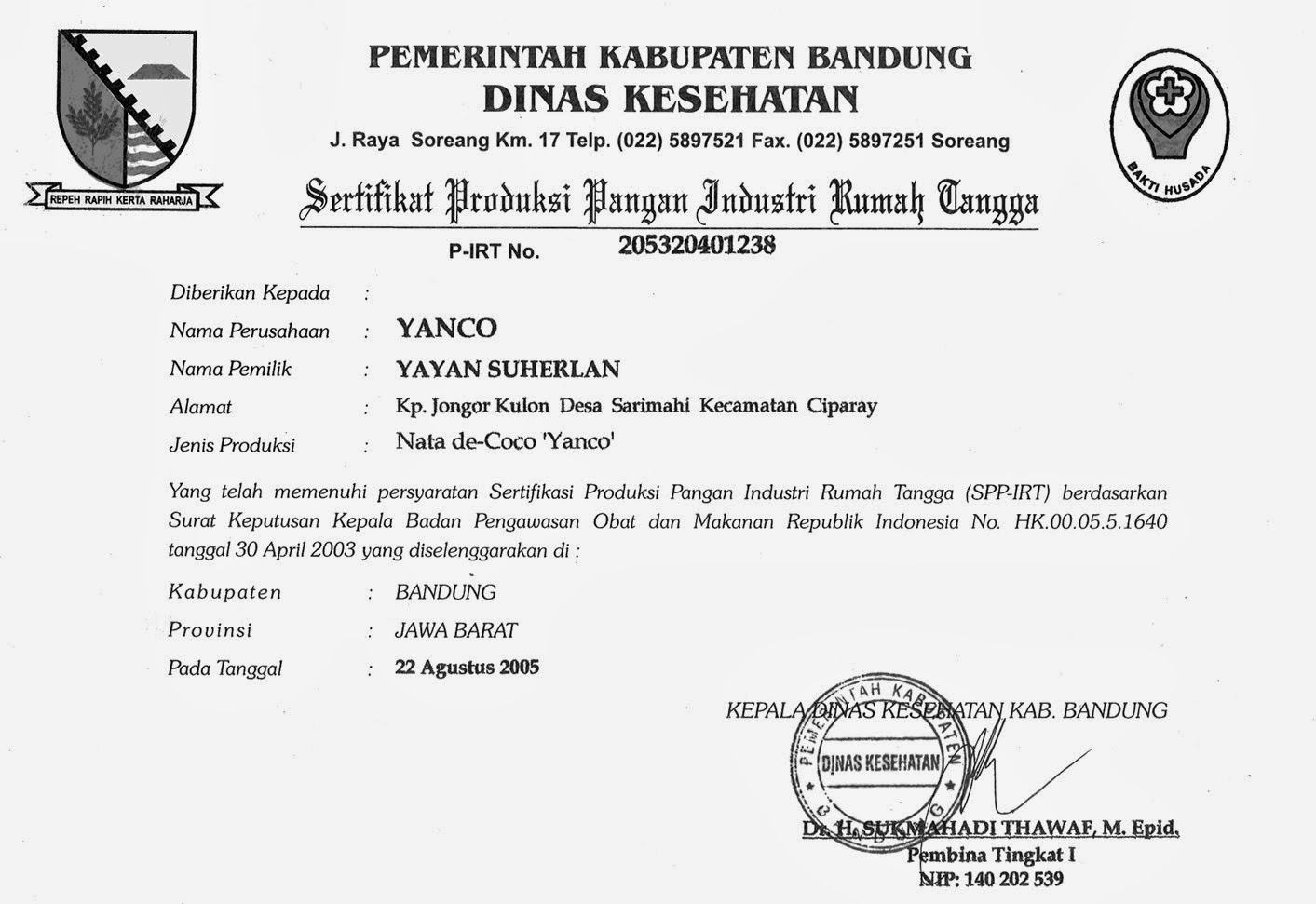 Sertifikat BPOM - Produk Yanco