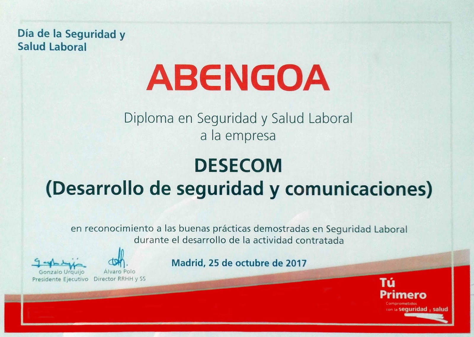 Reconocimiento a la Seguridad y Salud Laboral de DESECOM SEGURIDAD