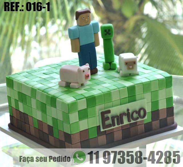 Bolo de Pasta Americana: Bolo Minecraft quadrado com porquinho e