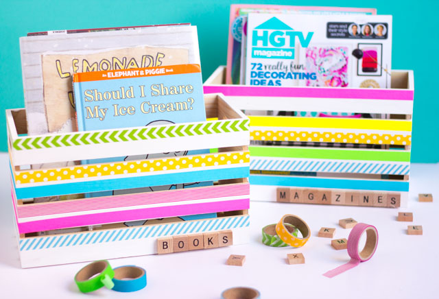 Decorate wood crates with washi tape for the prettiest DIY storage! Decorate wood crates with washi tape for the prettiest DIY storage!