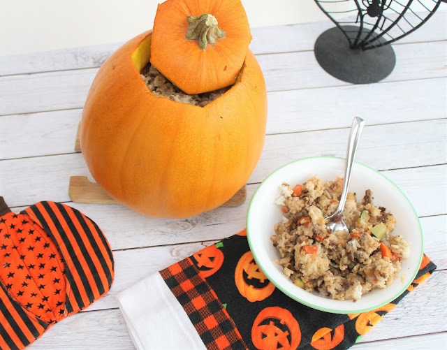 Savory fall recipe for dinner in a pumpkin.  Perfect for Halloween, fall or Thanksgiving gatherings and parties.