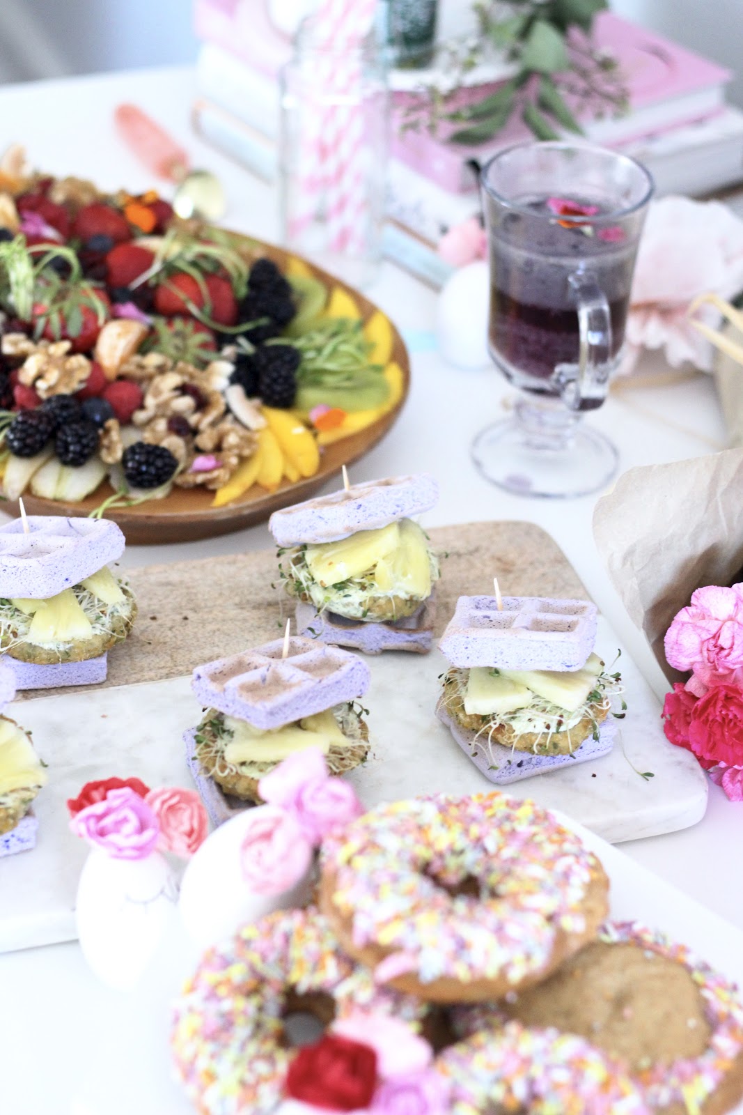 Pastels and Pastries- Easy Easter Entertaining / Easter Table Kelly's Bake Shoppe Sprinkle cookies & donuts/ The Burger Pawty Dream Burger