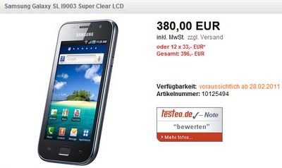 Samsung I9003 Galaxy SL available in Germany, India