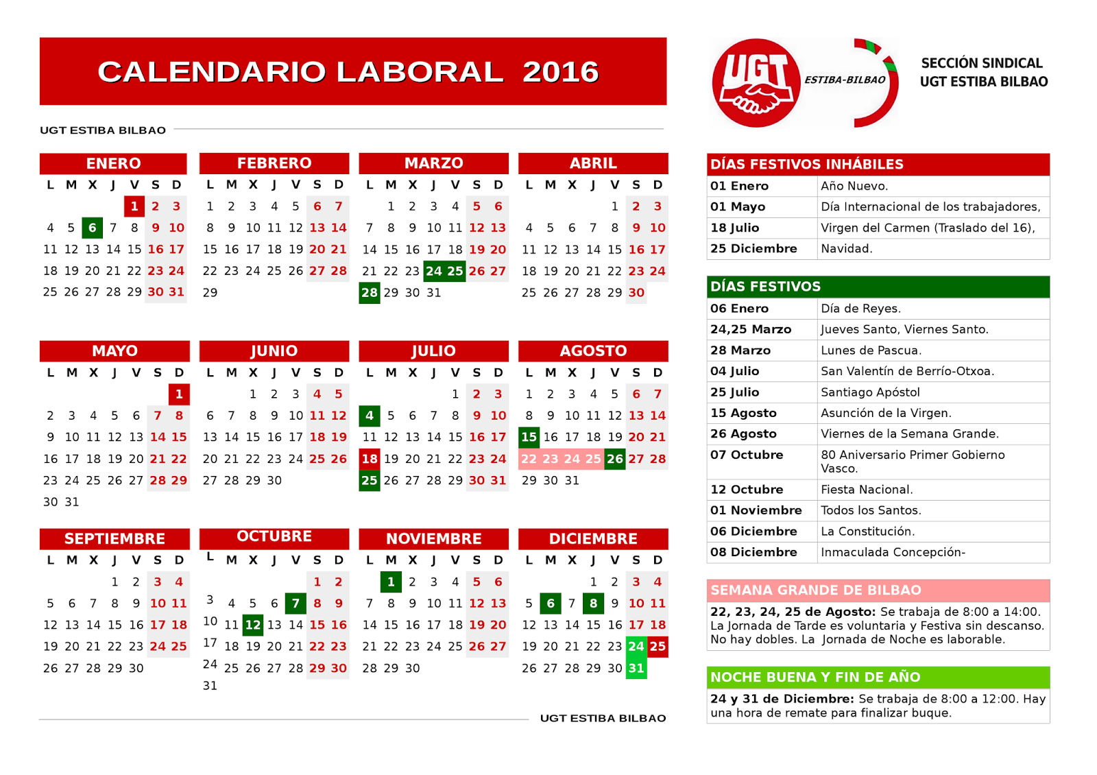 Calendario Laboral 2016 UGT ESTIBA BILBAO Calendario Laboral 2016 UGT ESTIBA BILBAO