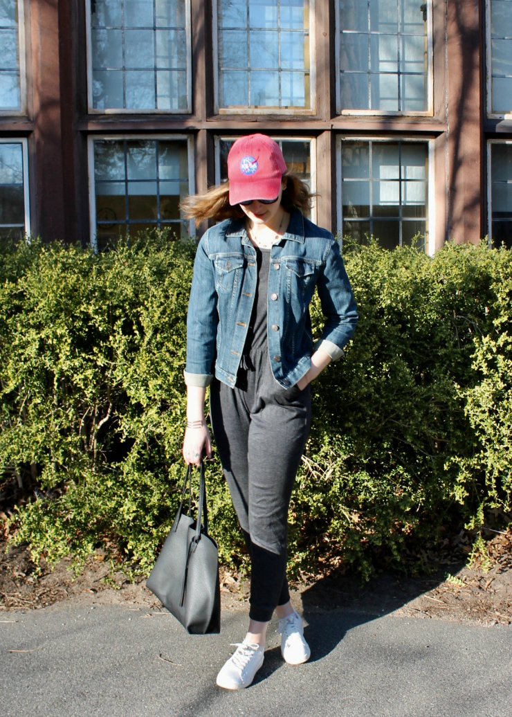 NASA baseball hat, jean jacket, jumper and white trainers #fashion #ootd