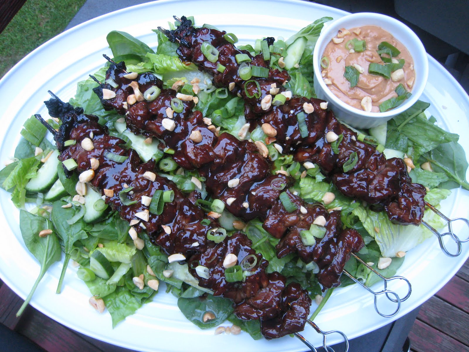 The Garlic Press Hoisin Beef Skewers on Salad with Peanut Sauce