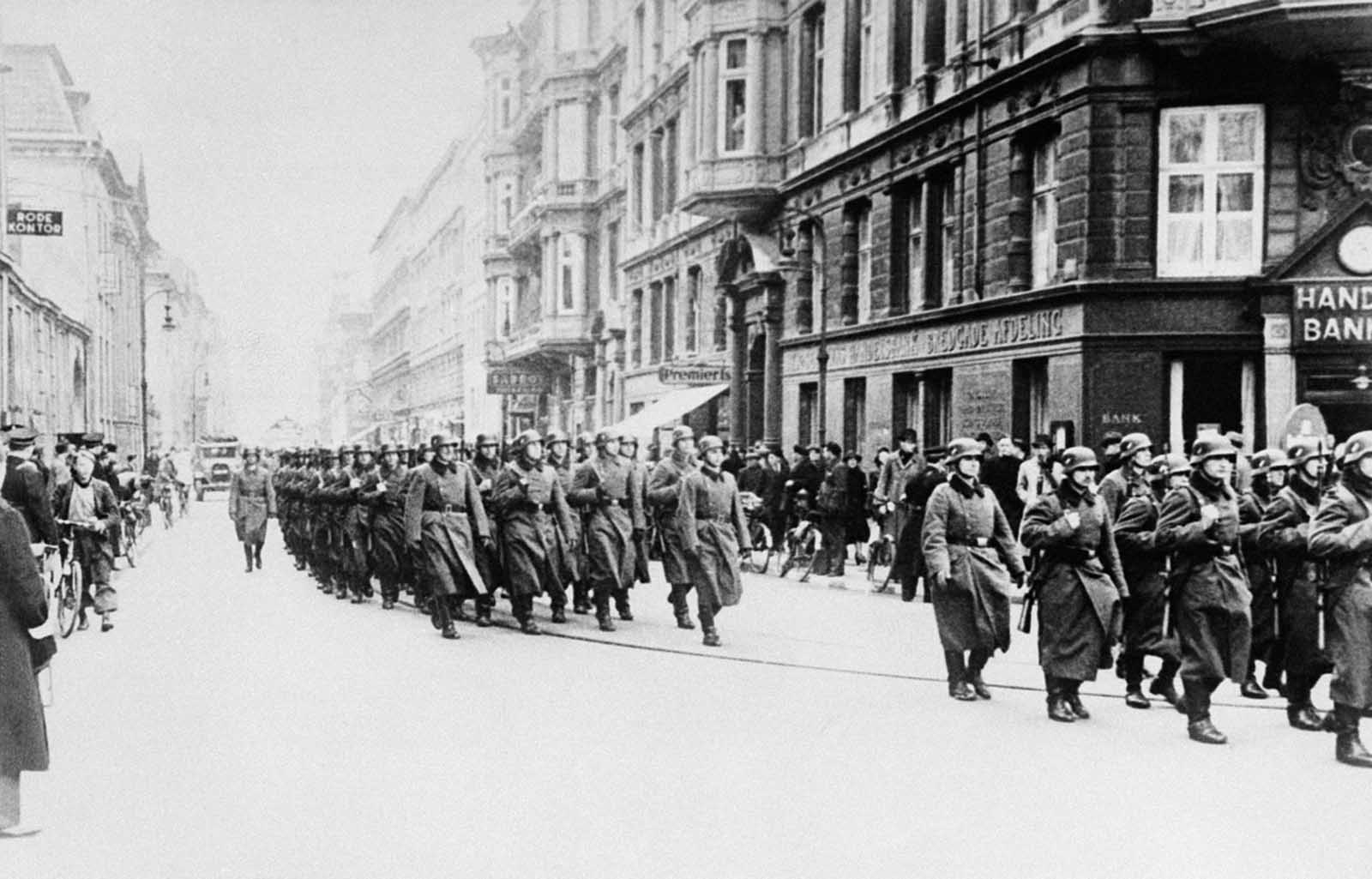 German troops parade in Copenhagen, Denmark on April 20, 1940 to celebrate Hitler's birthday.