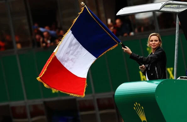 Princess Charlene wore a leather biker jacket of the Le Mans 24h endurance Race at the Circuit de la Sarthe