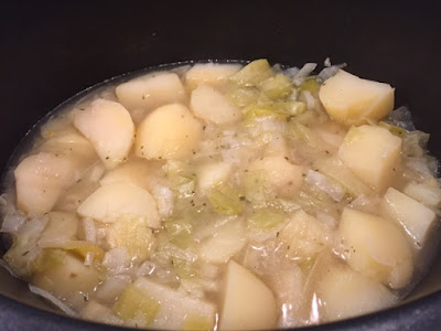 Ingredients for slow cooker leek and potato soup with stock