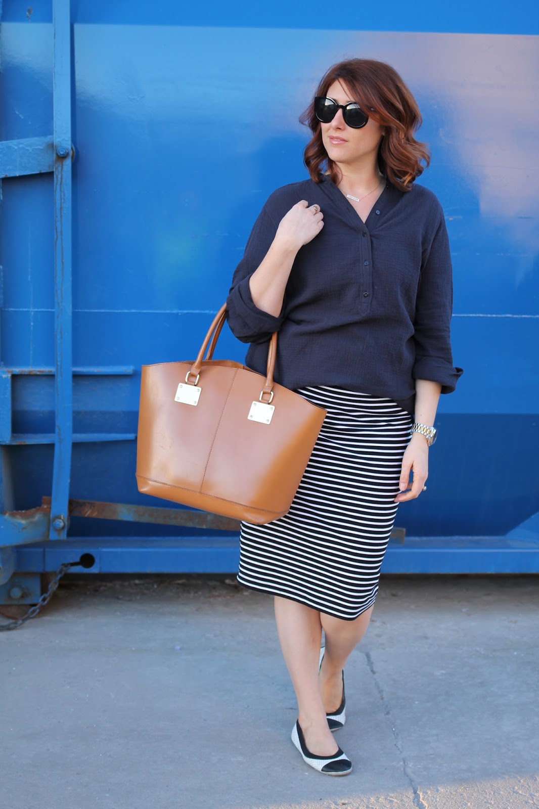 yosi samra flats, striped pencil skirt, navy crinkle tunic H&M, congac tote bag leather
