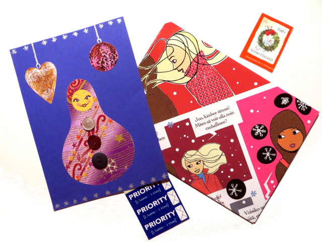 I sent Christmas letters and cards to my penpals. I used Christmassy envelopes made of magazine pages, included handmade matryoshka doll button cards and sealed the envelopes with washi tape.