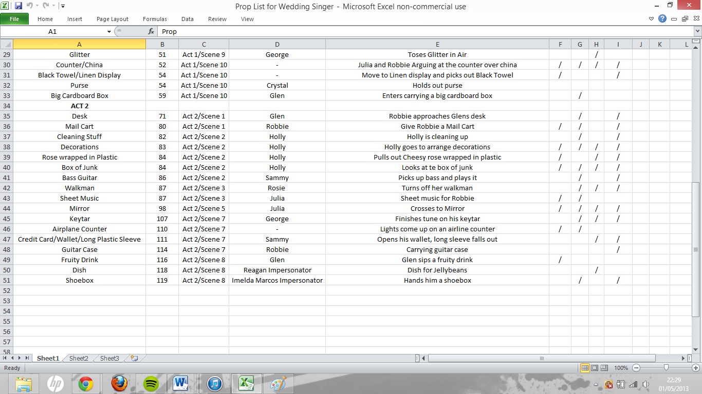 The Wedding Singer ASM Theory Lesson 1 (Props List)