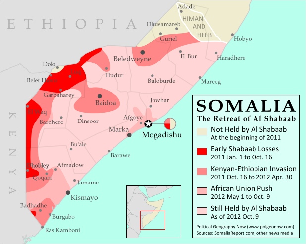 Map of the retreat of Al Shabaab Islamist militants in Somalia since 2011, culminating in the October 2012 capture of the key port city of Kismayo. Shows successive stages of advance by Kenyan, Ethiopian, and local forces.