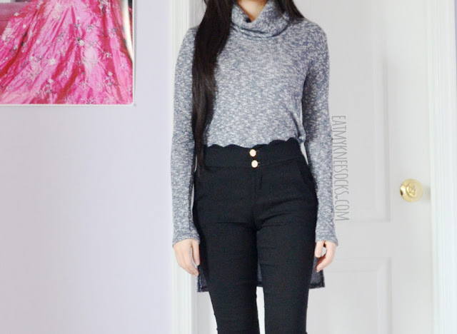 SheIn Fashion Review: Strapless Set, Ribbed Top + Scalloped Pants A rocker-chic outfit featuring scalloped high-waisted buttoned black skinny trousers/pants from SheIn, paired with spiked heeled Jeffrey Campbell booties and a split dip-hem marled turtleneck top.