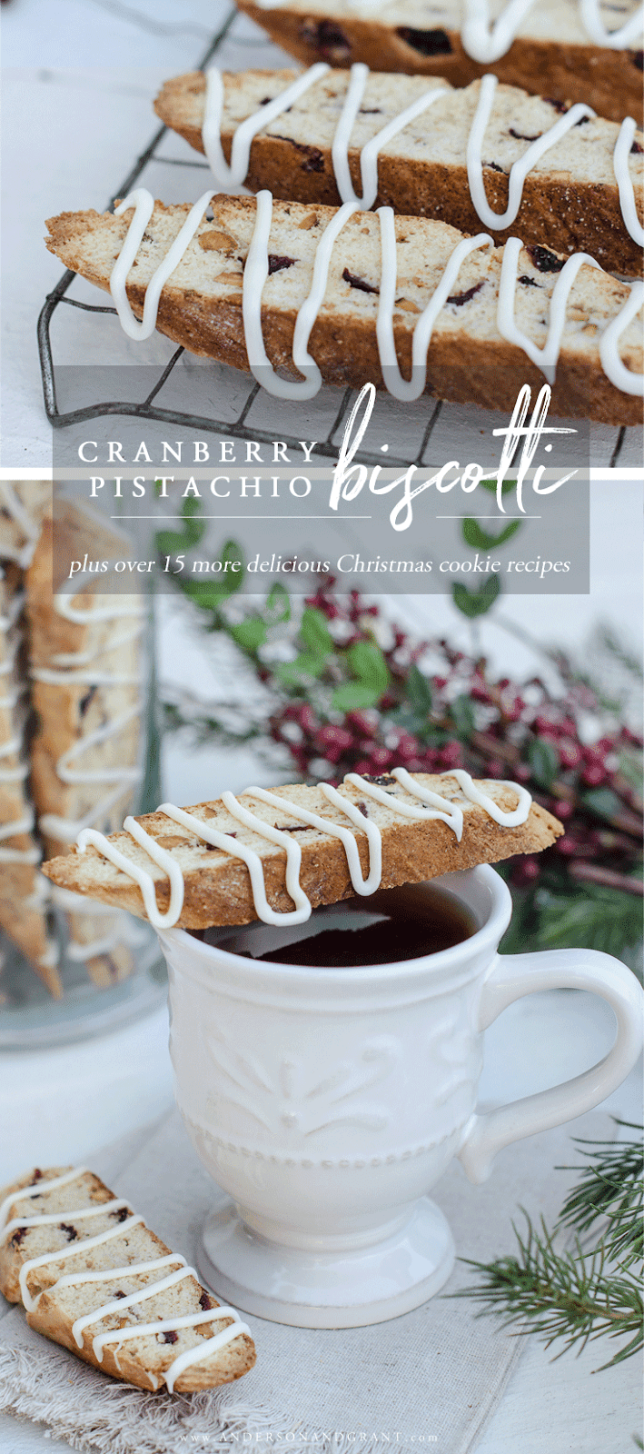A simple and delicious Christmas cookie recipe for Cranberry Pistachio Biscotti plus over 15 more holiday baking recipes.  |  www.andersonandgrant.com