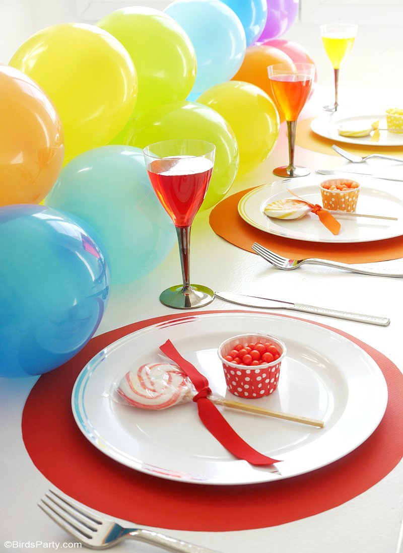 Rainbow Tablescape & DIY Balloon Garland - simple & fun ideas for styling a creative rainbow table with colorful balloon party decor as a table runner! | BirdsParty.com @birdsparty