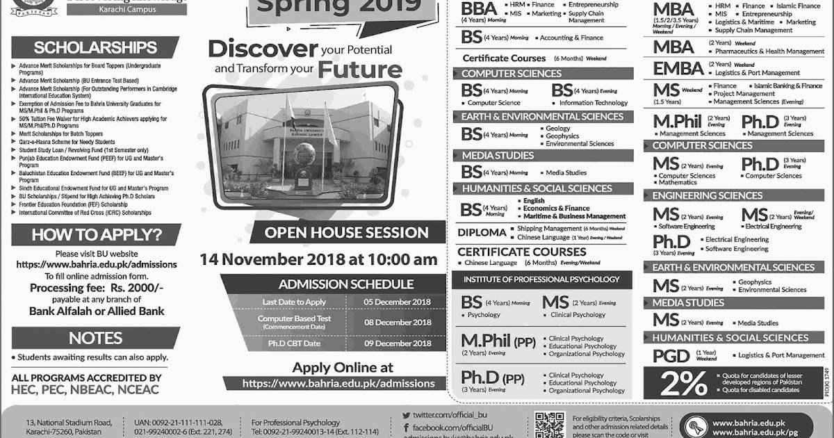 Bahria University (BU) Admissions Open for Spring 2019 Computer Zila