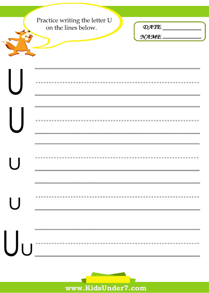 kids under 7 letter u practice writing worksheet