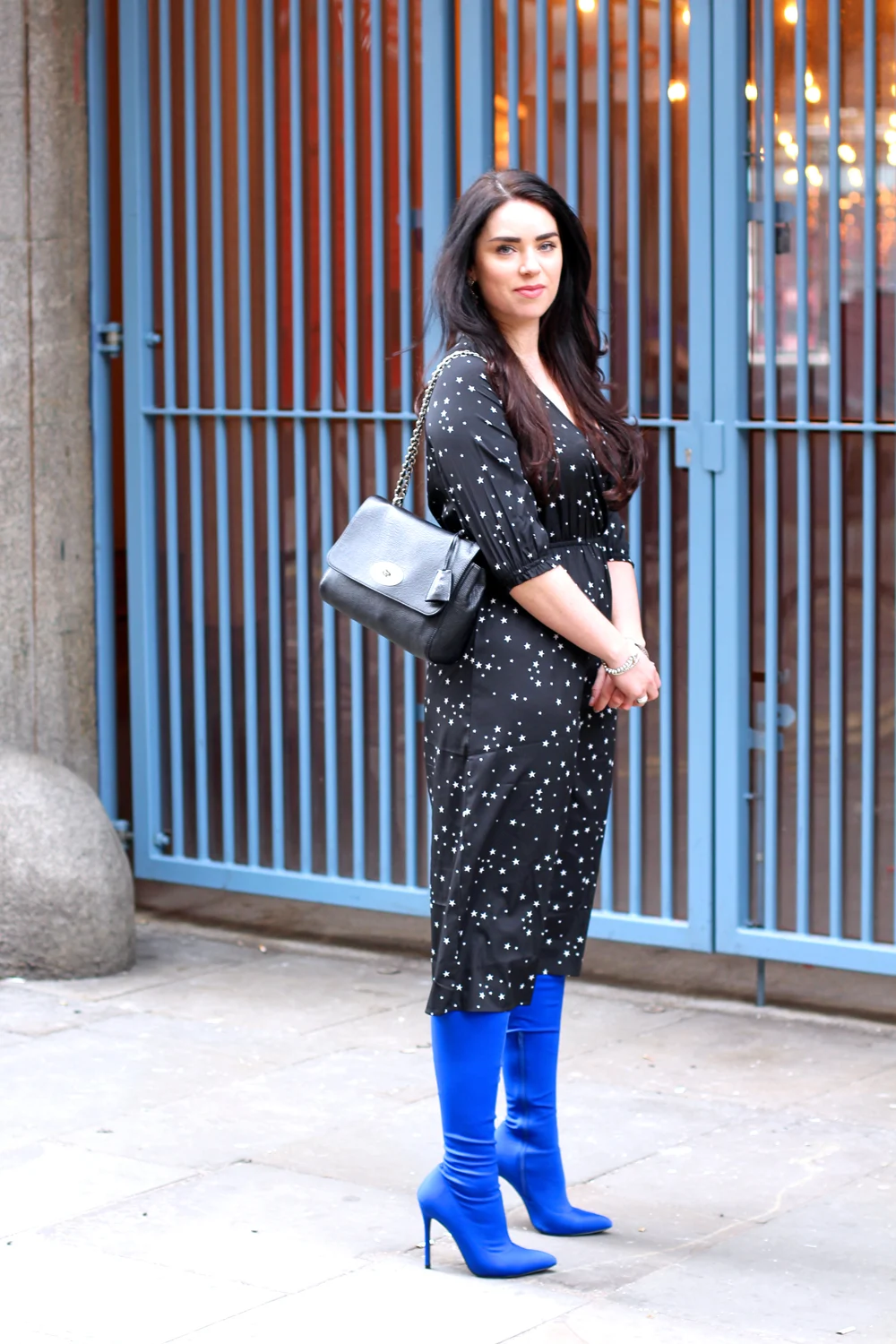 Emma Louise Layla in Boohoo star dress and blue thigh high boots - London style blogger