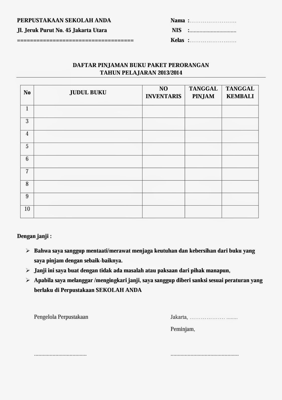 Contoh Form Peminjaman Buku Pelajaran Untuk Siswa ~ KOPI ARSIP