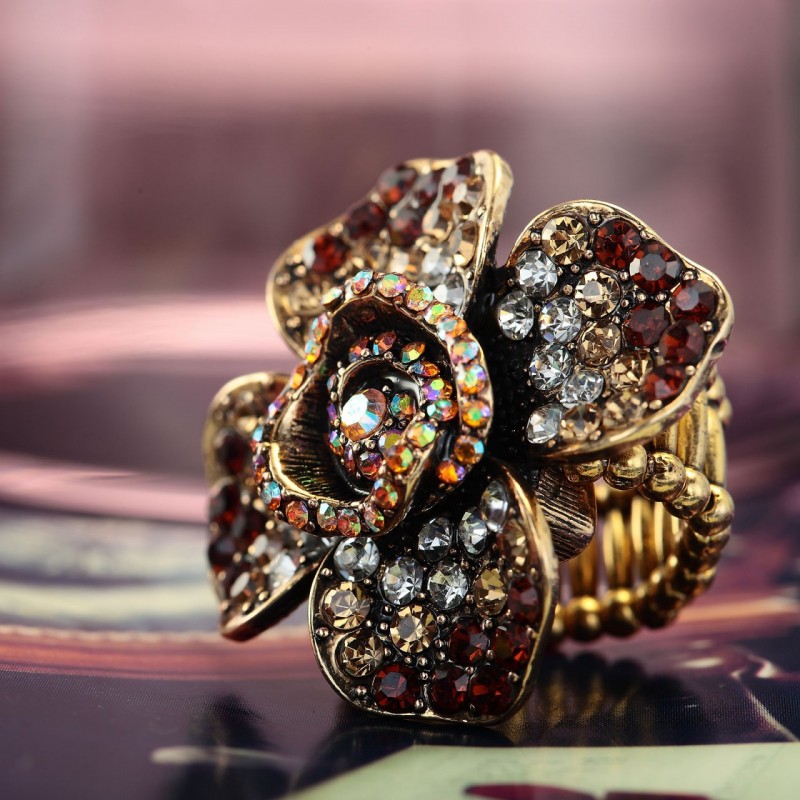 OKAJewelry Show Rhinstone Large Flower Rings Stretch Rose Flower Ring