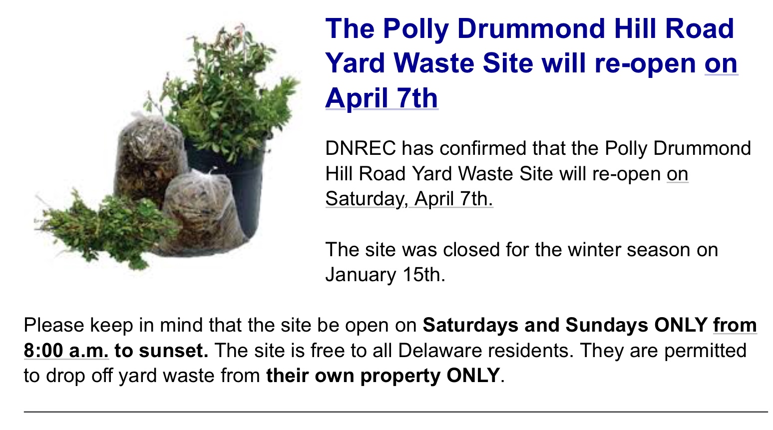 Brookland Terrace Civic Club Polly Drummond Hill Road Yard Waste Site will reopen on April 7th
