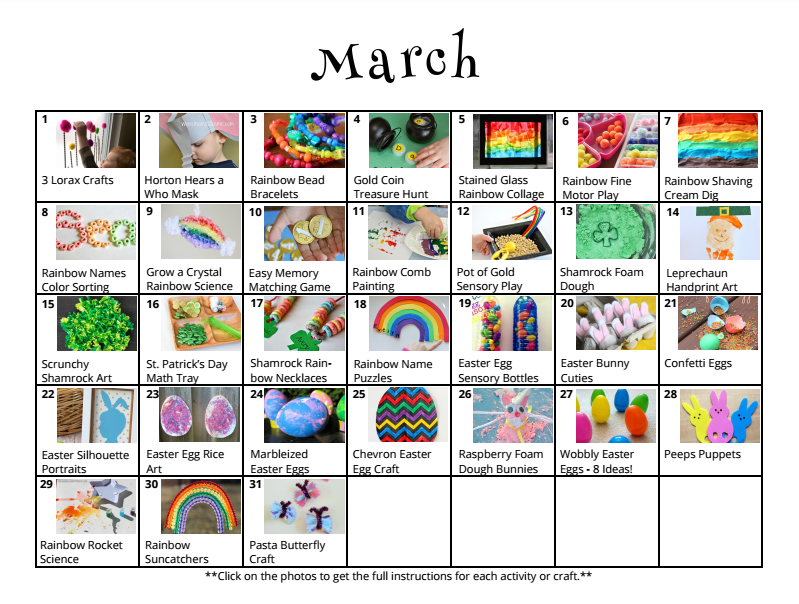 Free downloadable activity calendar for kids for the month of March from And Next Comes L