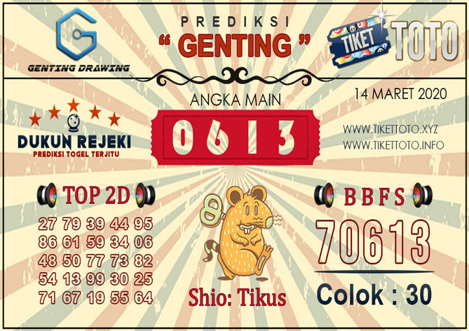 Prediksi Togel GENTING DRAWING TIKETTOTO 14 MARET 2020