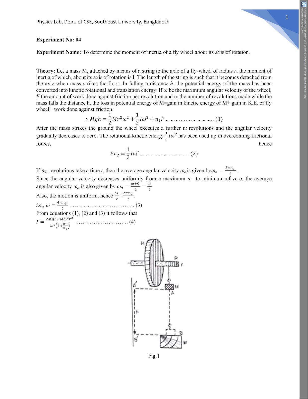 Expt.4 To determine the moment of inertia of a fly wheel about its