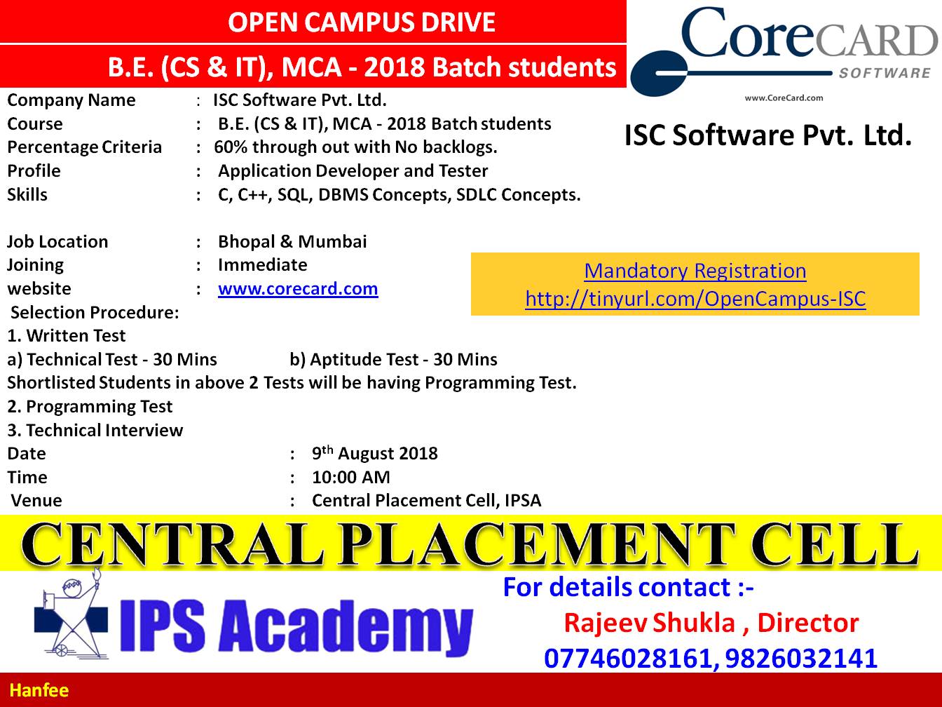 Central Placement Cell ISC Software Pvt Ltd CoreCARD Software Inc Open
