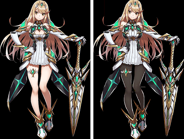 Leggings Mythra Comparison Xenoblade Chronicles 2 Mythra Super Smash Bros. Ultimate leggings censorship side-by-side comparison