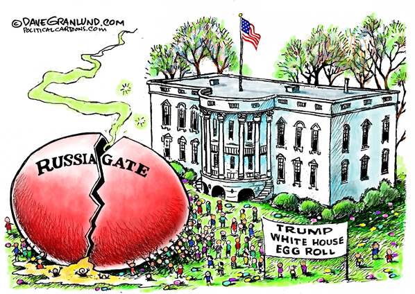 White House dwarfed by large, cracked, red-dyed egg labeled 