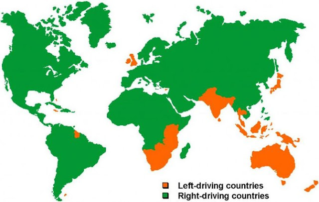 Posisi setir/kemudi mobil di berbagai negara. 