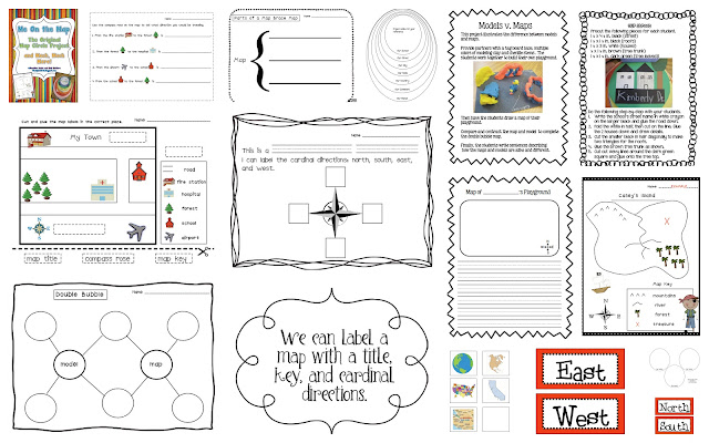Cardinal Directions cards, map worksheet and activities title=