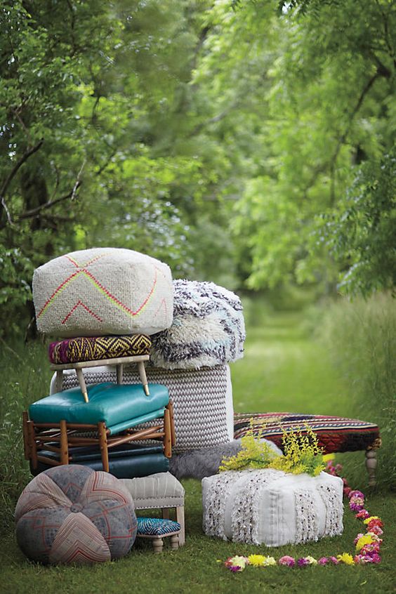 My search for the perfect boho pouf - stack of poufs outdoors www.BoHoHome.com @bohosusan