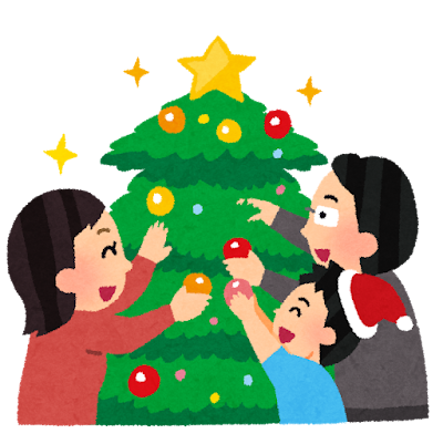 クリスマスツリーを飾り付ける家族のイラスト