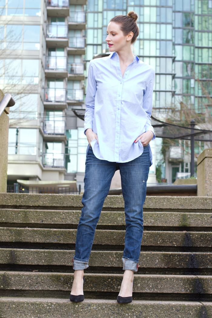 Vancouver Fashion Blogger, Alison Hutchinson, is wearing an H&M oversized light blue botton-up, Rich & Skinny boyfriend jeans and Zara black pumps