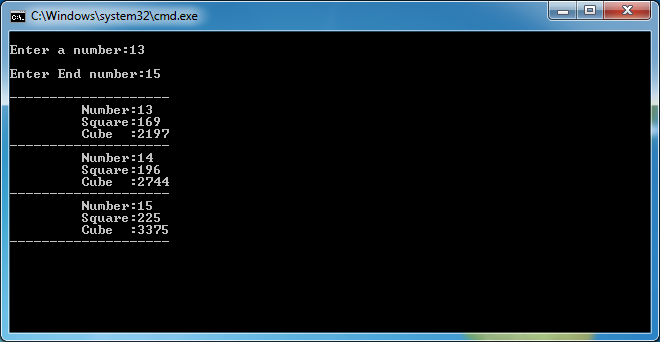 Code Box C++: Program to print square and cube of number between range