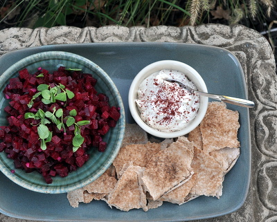 Beet Salad with Sumac, Yogurt & Pita ♥ AVeggieVenture.com, a quick beet salad turned appetizer when served with a garlicky yogurt sauce and fresh pita bread. Low Carb. Weight Watchers Friendly. Quick-Quick to Make.